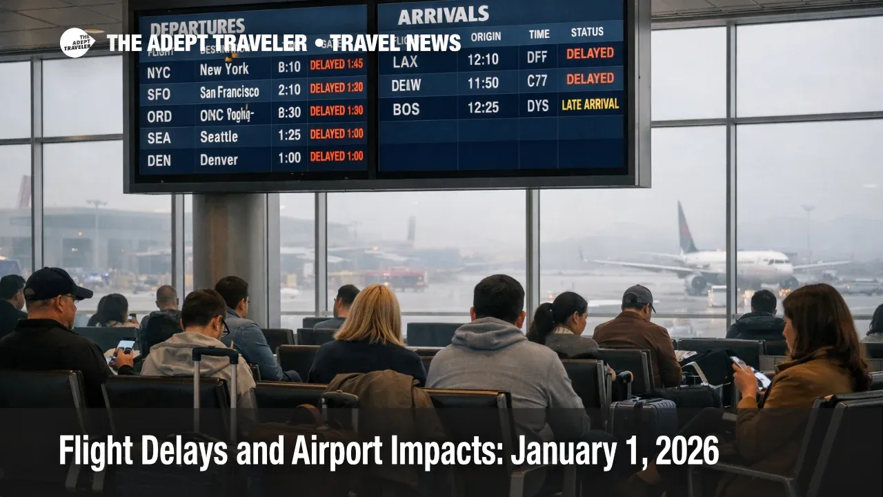 US flight delays January 1, 2026 appear on a Las Vegas board as low ceilings slow arrivals and connections