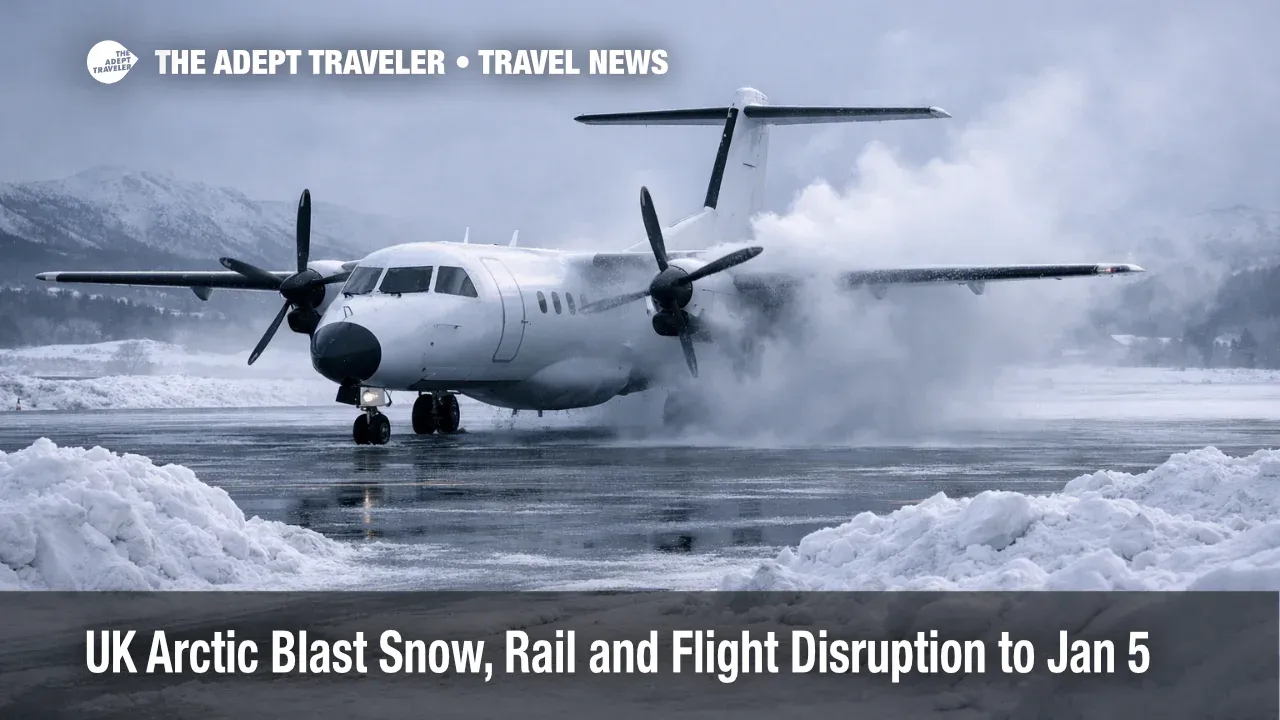 UK Arctic blast snow travel disruption, a de-iced regional plane on a snowy runway near Inverness signals delays