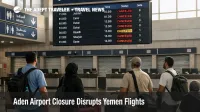 Aden airport closure flights leave travelers waiting under boards showing cancellations at Aden International Airport