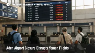 Aden airport closure flights leave travelers waiting under boards showing cancellations at Aden International Airport