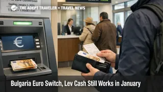 Bulgaria euro switch lev shown at a Sofia ATM as a traveler withdraws euros during January dual circulation