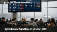 US flight delays January 1, 2026 appear on a Las Vegas board as low ceilings slow arrivals and connections