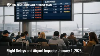 US flight delays January 1, 2026 appear on a Las Vegas board as low ceilings slow arrivals and connections