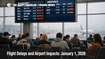 US flight delays January 1, 2026 appear on a Las Vegas board as low ceilings slow arrivals and connections