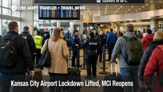 Kansas City airport lockdown at MCI, travelers queue near TSA screening after a brief terminal evacuation and reopening