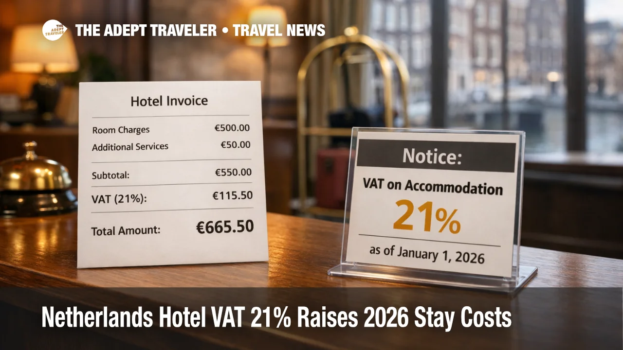 Netherlands hotel VAT 21% notice on a hotel front desk invoice, highlighting higher taxes on 2026 stays.