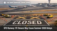 SFO Runway 1R closure shown by closed runway markings and aircraft taxiing on a busy summer afternoon