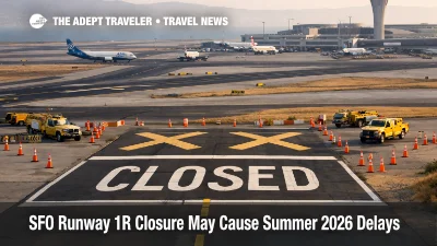 SFO Runway 1R closure shown by closed runway markings and aircraft taxiing on a busy summer afternoon