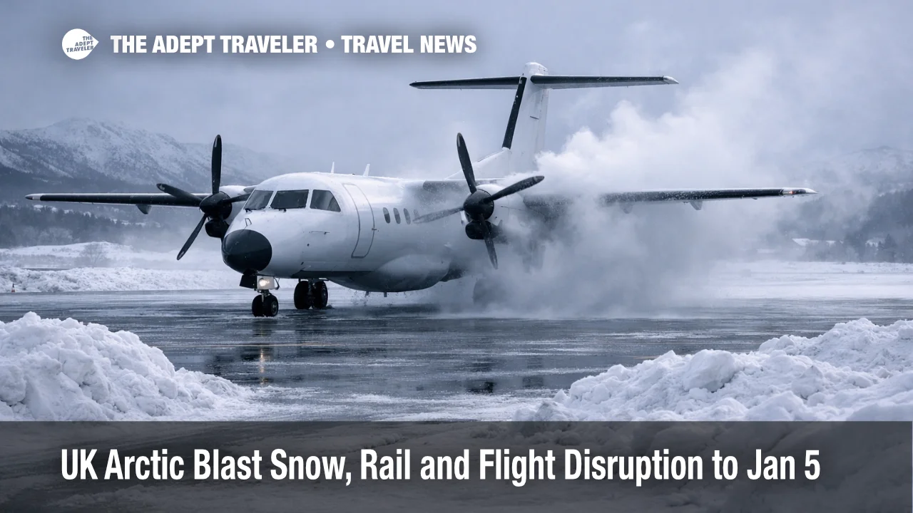UK Arctic blast snow travel disruption, a de-iced regional plane on a snowy runway near Inverness signals delays