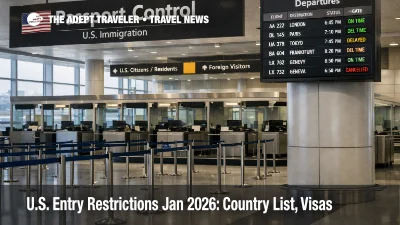 U.S. entry restrictions Jan 2026 shown by JFK passport control lanes as travelers face denied boarding and entry checks
