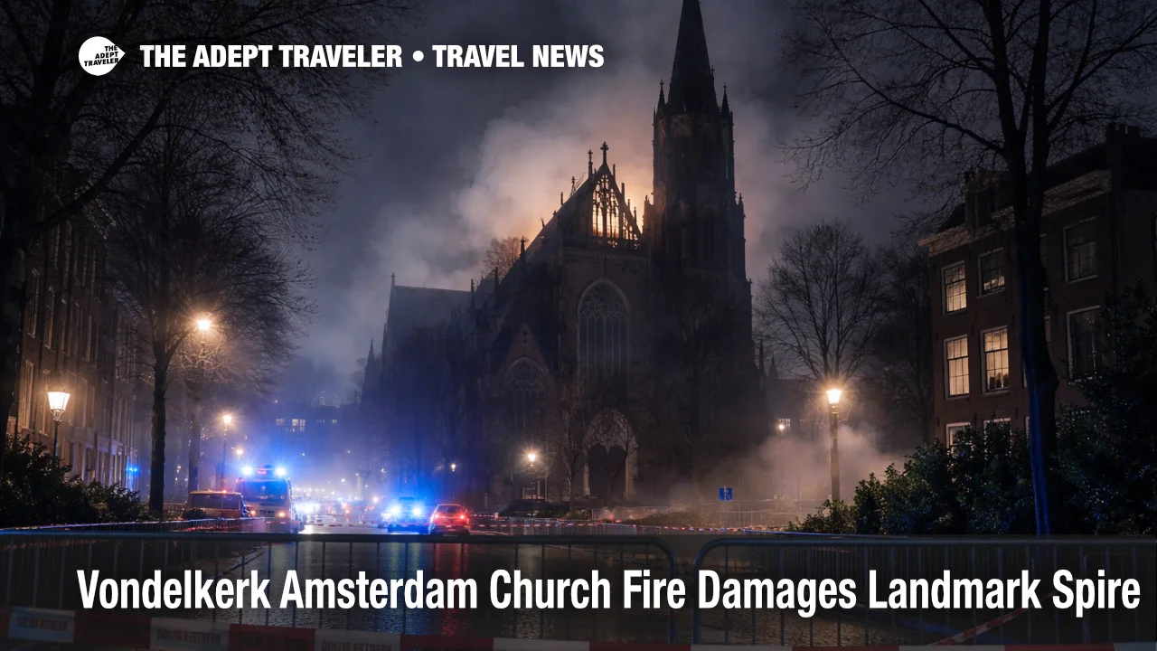 Vondelkerk Amsterdam church fire forces cordons as travelers reroute around Vondelpark streets at night