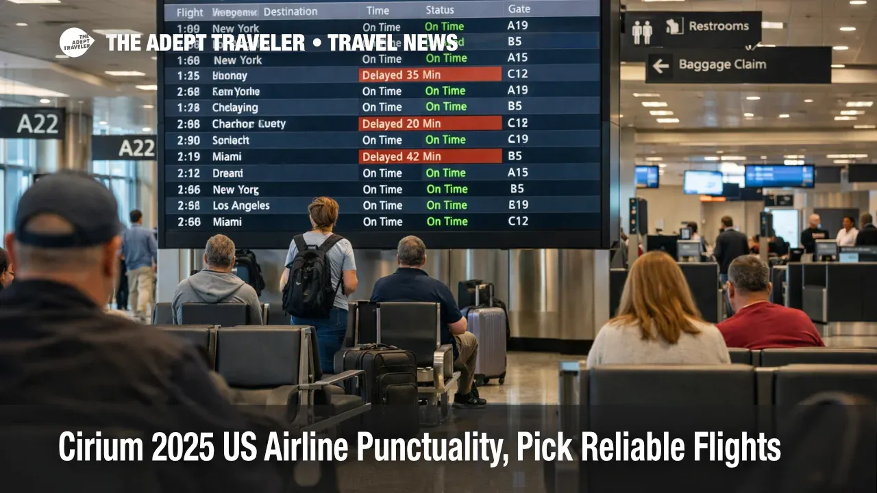 Cirium 2025 US airline punctuality shown on an Atlanta departures board with on time and delayed flights