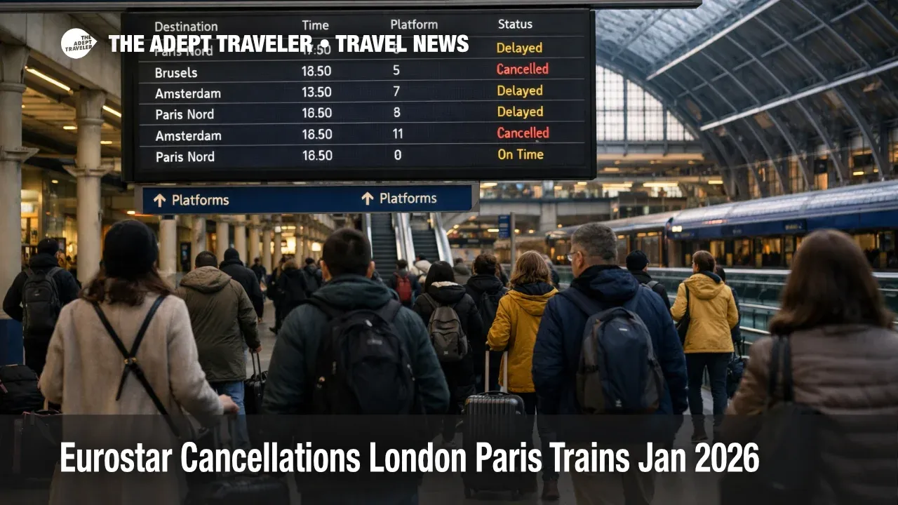 Eurostar cancellations London Paris trains shown on St Pancras board, with delays, cancellations, and waiting travelers