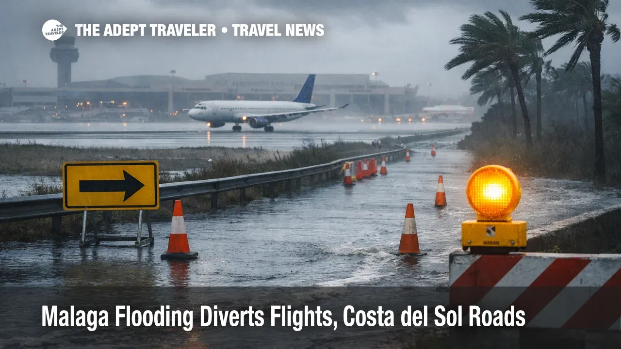 Malaga flooding flight diversions as a rain-soaked AGP runway and flooded access road slow Costa del Sol transfers