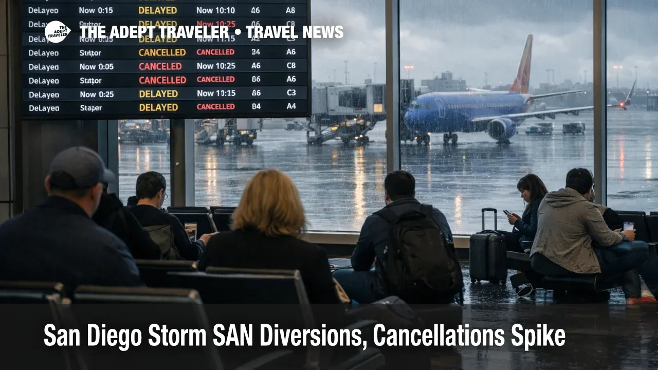 San Diego storm SAN flights show delay board and wet concourse as cancellations strain rebooking