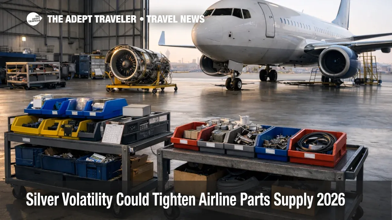 Aircraft in a hangar with parts carts, illustrating Silver Volatility Airline Parts and potential maintenance delays.