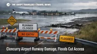 Cloncurry Airport runway damage shown at a wet outback airstrip, signaling flood access limits for travelers