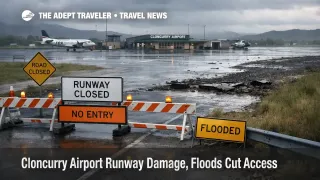 Cloncurry Airport runway damage shown at a wet outback airstrip, signaling flood access limits for travelers