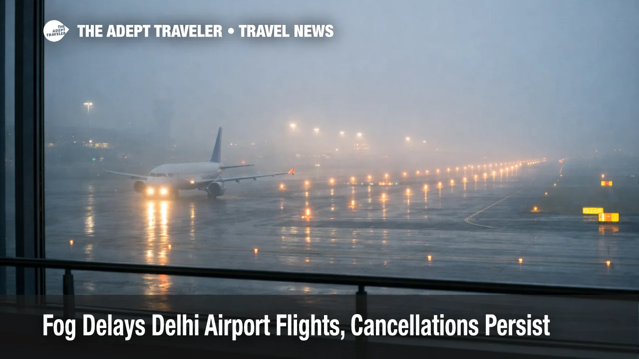 Delhi airport fog delays shown by a jet taxiing in dense runway fog at DEL with lights barely visible
