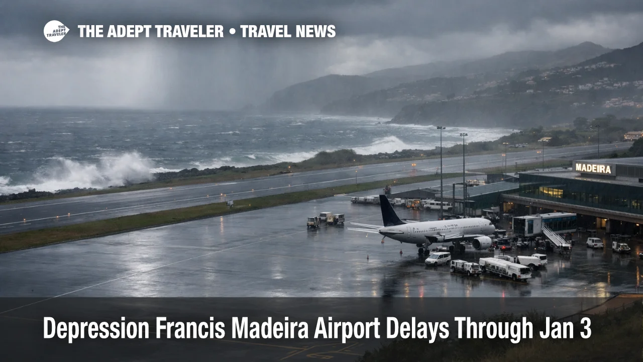 Depression Francis Madeira Airport disruption, wet runway and windy approach conditions over Funchal coast