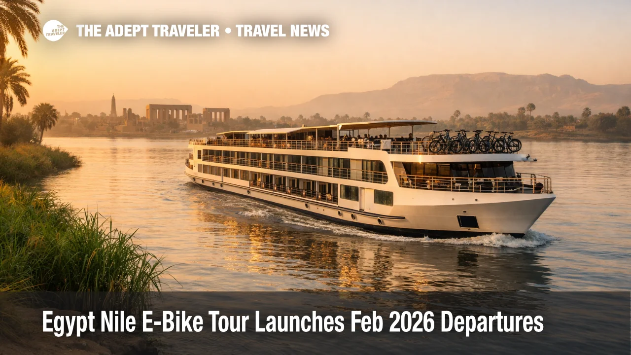 Egypt Nile e bike tour ship cruises past Luxor temples, showing e bikes and river route travelers will ride.