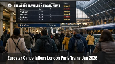 Eurostar cancellations London Paris trains shown on St Pancras board, with delays, cancellations, and waiting travelers
