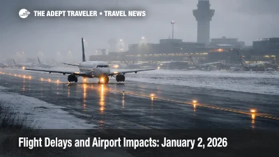US flight delays January 2, 2026 shown by a Boston Logan runway hold under wind and low ceilings