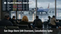 San Diego storm SAN flights show delay board and wet concourse as cancellations strain rebooking