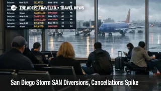 San Diego storm SAN flights show delay board and wet concourse as cancellations strain rebooking