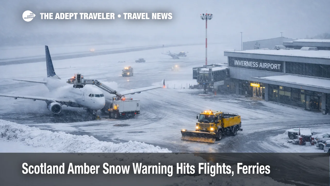 Snowy ramp at Inverness Airport as Scotland amber snow warning disrupts Highlands flights and ferries