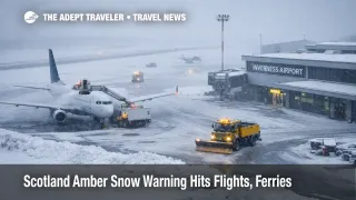 Snowy ramp at Inverness Airport as Scotland amber snow warning disrupts Highlands flights and ferries