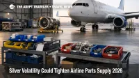 Aircraft in a hangar with parts carts, illustrating Silver Volatility Airline Parts and potential maintenance delays.