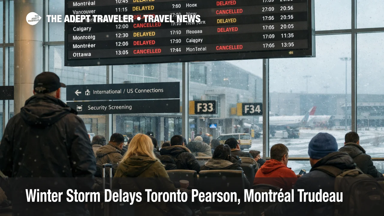 Toronto Pearson winter storm delays shown on departures board, with Montréal connections at risk and travelers waiting
