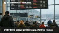 Toronto Pearson winter storm delays shown on departures board, with Montréal connections at risk and travelers waiting