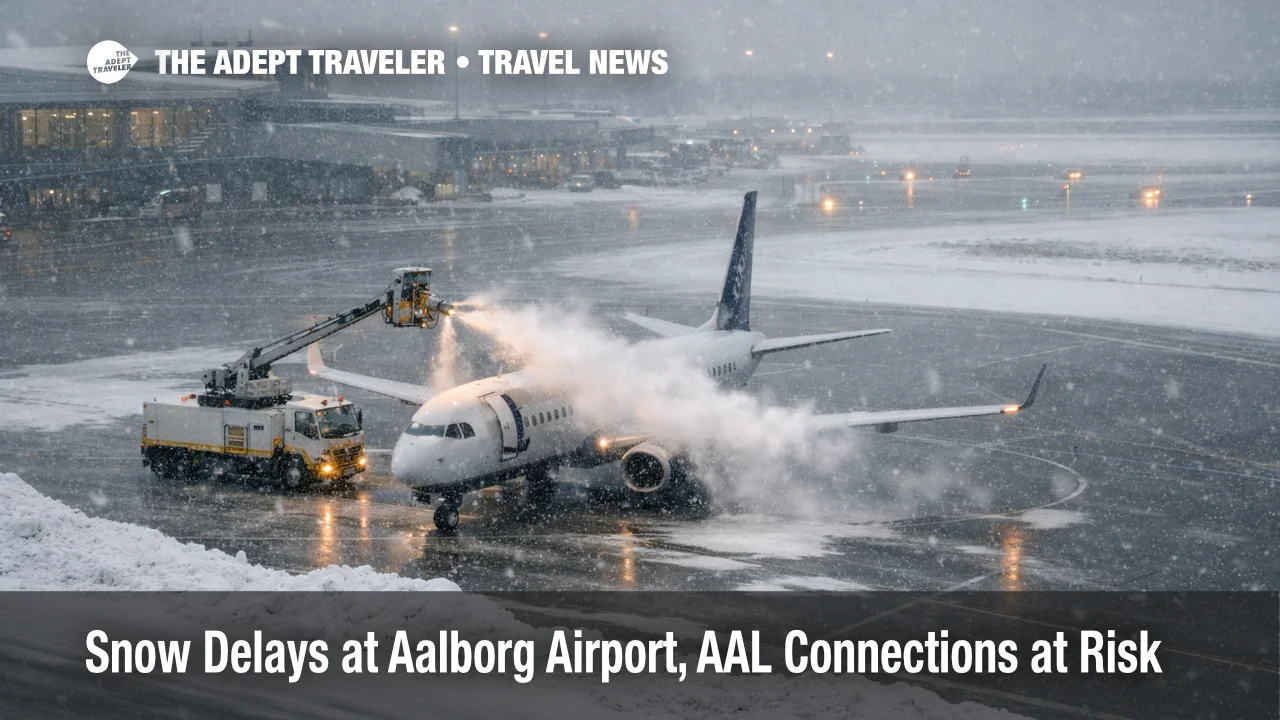 Deicing truck sprays a jet at Aalborg Airport as Aalborg Airport snow delays disrupt departures