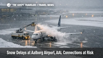 Deicing truck sprays a jet at Aalborg Airport as Aalborg Airport snow delays disrupt departures