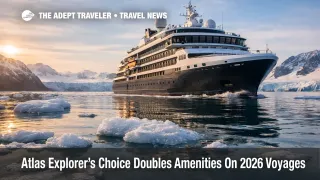 Atlas Explorer's Choice offer ship sails past Svalbard ice, signaling double amenities for 2026 expedition bookings