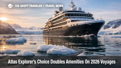 Atlas Explorer's Choice offer ship sails past Svalbard ice, signaling double amenities for 2026 expedition bookings