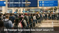 DXB Record Passenger Crowds show long queues in Dubai International Airport concourse with departure boards in January