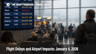 January 4 2026 flight delays shown on an LAX departures board, with foggy windows and crowded gate seating
