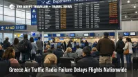 Greece Air Traffic Radio Failure leaves travelers waiting under a delayed departures board at Athens airport