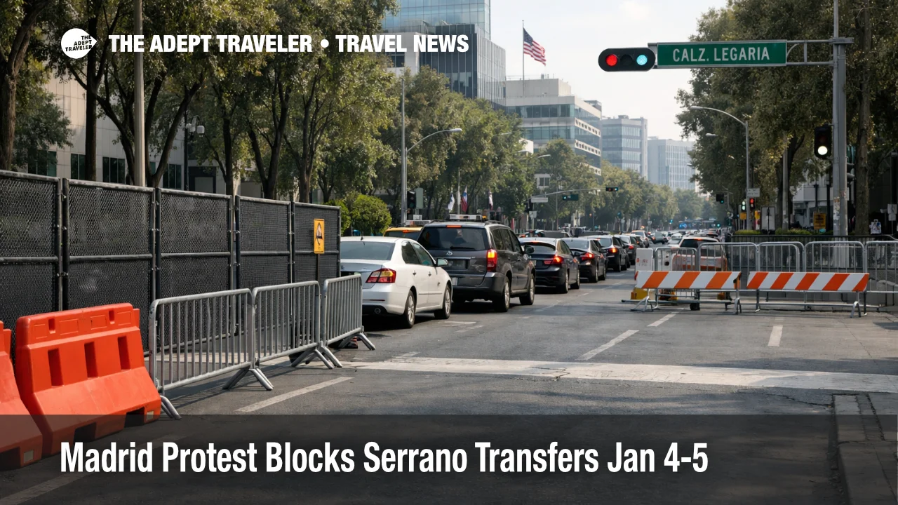 Madrid protest Serrano transfers snarl traffic near the U.S. Embassy, with taxis rerouting around police barriers