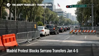 Madrid protest Serrano transfers snarl traffic near the U.S. Embassy, with taxis rerouting around police barriers