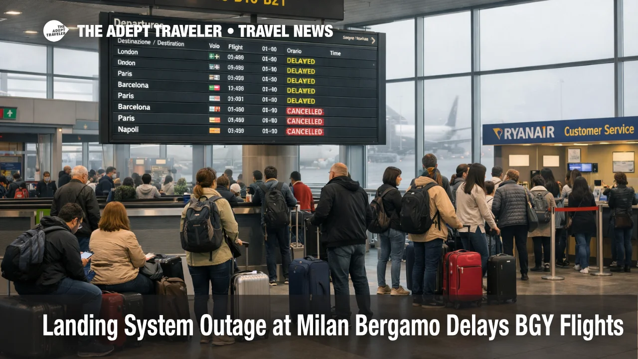 Milan Bergamo landing system outage, passengers wait under delay boards in BGY departures hall