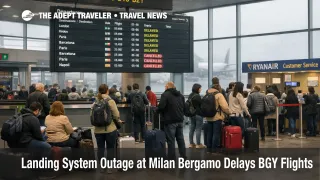 Milan Bergamo landing system outage, passengers wait under delay boards in BGY departures hall