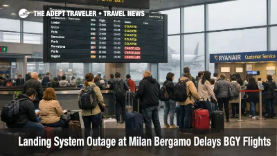 Milan Bergamo landing system outage, passengers wait under delay boards in BGY departures hall
