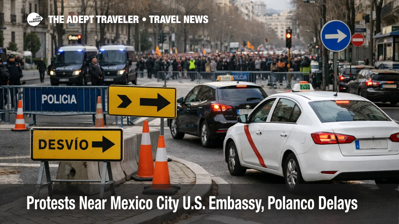 Polanco traffic disruptions near Mexico City U.S. Embassy with barricades on Legaria, forcing reroutes for MEX transfers