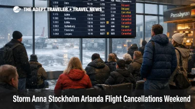 Departures board at Stockholm Arlanda Airport shows Storm Anna Arlanda cancellations and long winter delays