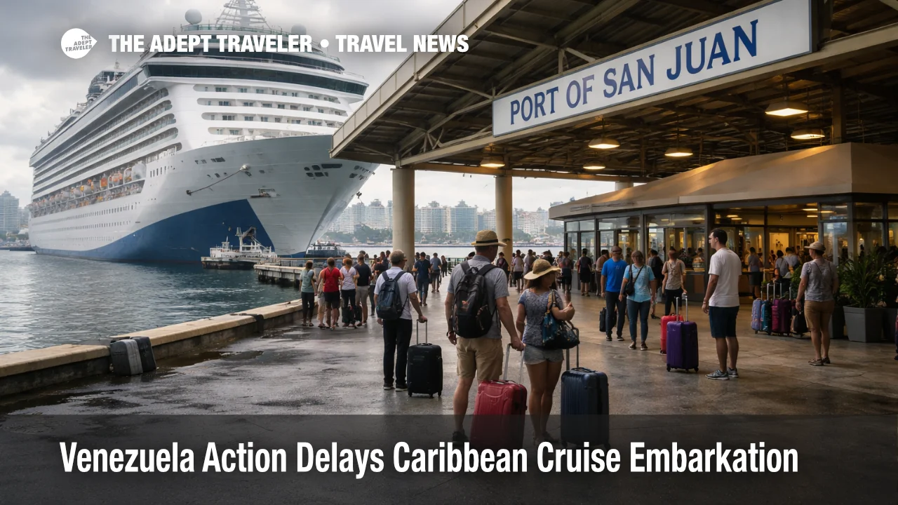 Venezuela action Caribbean cruise embarkation delays shown at San Juan pier with a ship holding for late guests