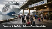 Venezuela action Caribbean cruise embarkation delays shown at San Juan pier with a ship holding for late guests